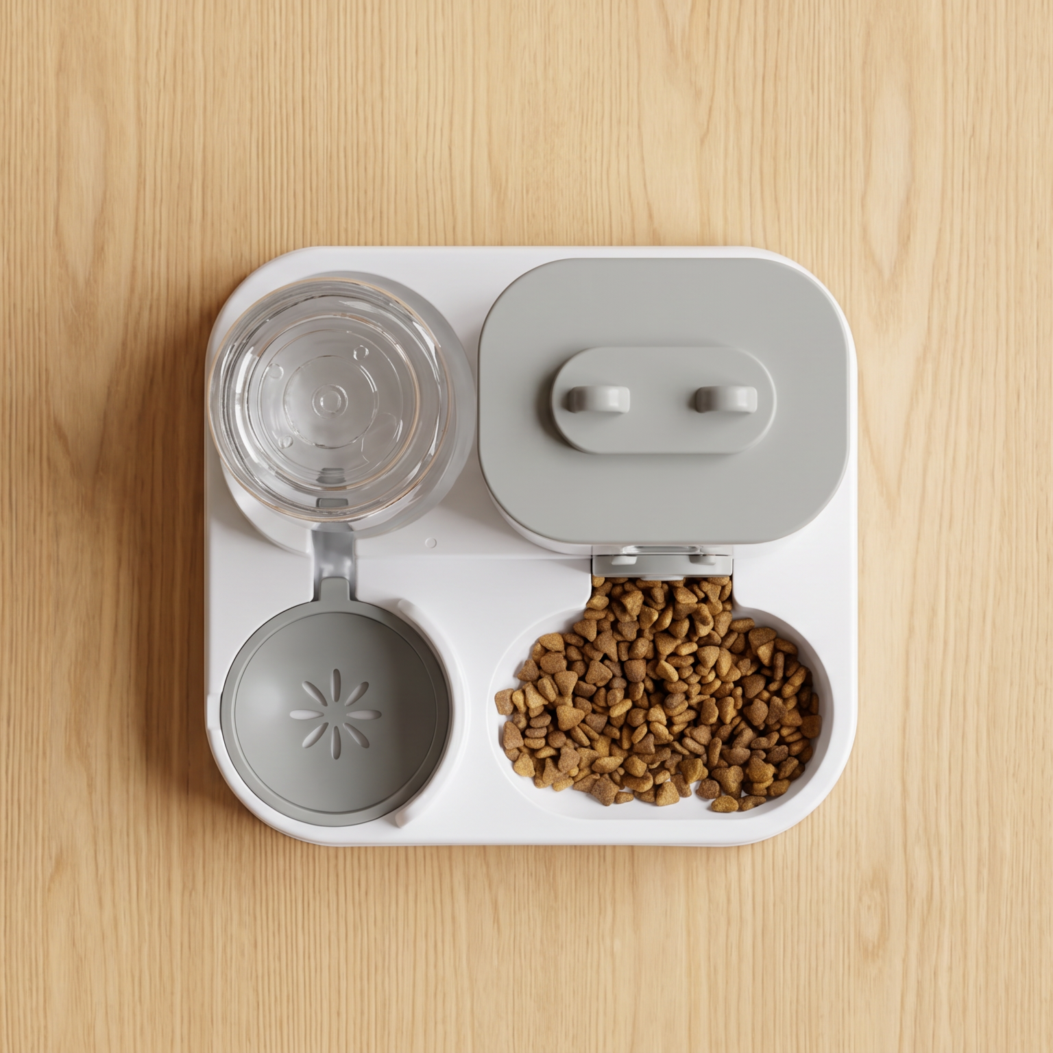 PawPace gravity feeder and water dispenser at home — keeps the bowl full